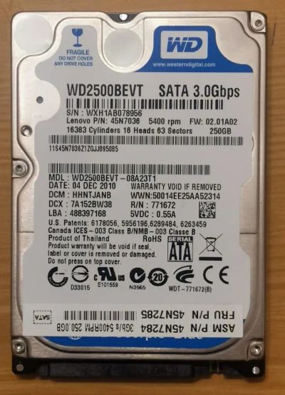 Лот: 21070629. Фото: 1. HDD Western Digital 250 Gb (WD2500BEVT... Жёсткие диски