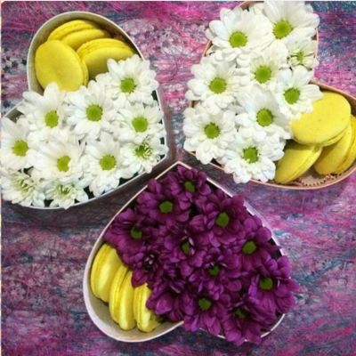 Лот: 11246784. Фото: 1. коробочка с хризантемами и макаронсами. Свежие цветы