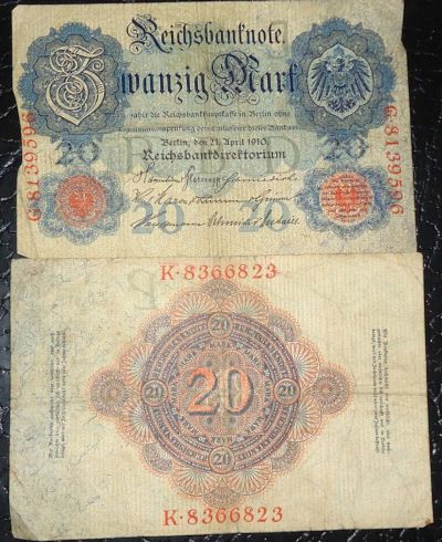 Лот: 4575474. Фото: 1. Банкнота 20 марок 1910 г. Германия... Германия и Австрия