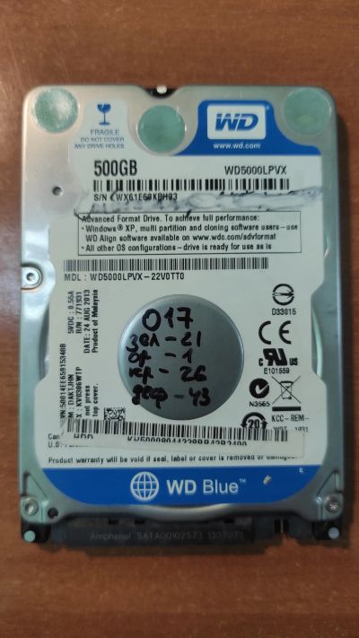 Лот: 21132789. Фото: 1. Жесткий диск WD5000LPVX-22V0TT0. Жёсткие диски (HDD)