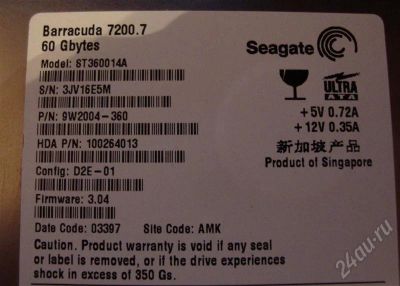 Лот: 716626. Фото: 1. IDE Seagate ST360014A. 60гиг. Жёсткие диски (HDD)