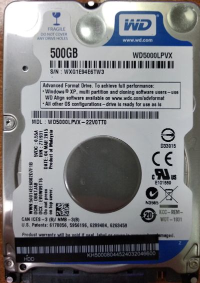 Лот: 24966838. Фото: 1. HDD WD5000LPVX 500GB 2.5". Жёсткие диски (HDD)