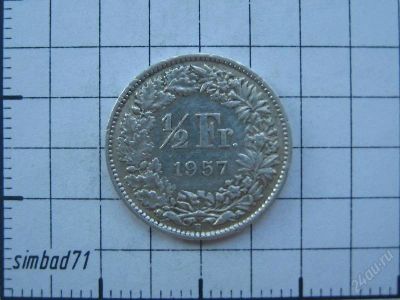 Лот: 1158591. Фото: 1. 1/2 франка Швейцария 1957г (серебро... Европа