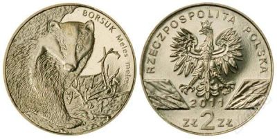 Лот: 905056. Фото: 1. Польша 2 злотых, 2011 год. Барсук... Европа