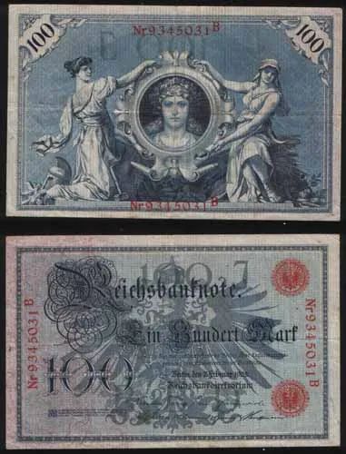 Лот: 25806752. Фото: 1. Банкнота Германии 100 марок 1908. Германия и Австрия