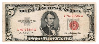 Лот: 24918790. Фото: 1. США 5 долларов 1953 год, красная... Америка