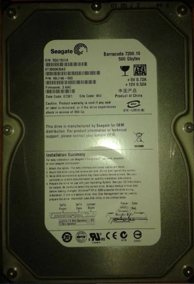 Лот: 3482085. Фото: 1. Жесткий диск 500 Гб. Жёсткие диски (HDD)