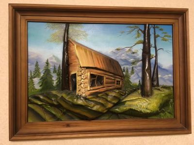 Лот: 10566375. Фото: 1. Картина из кожи "Дом в горах". Работа с кожей