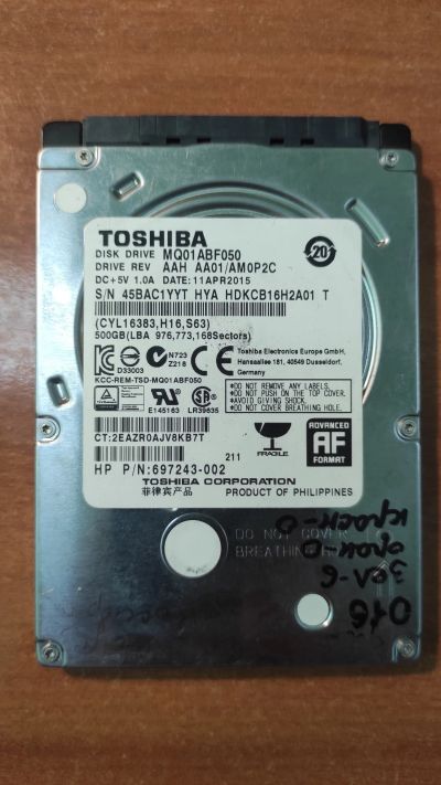 Лот: 21132780. Фото: 1. Жесткий диск Toshiba MQ01ABF050. Жёсткие диски (HDD)