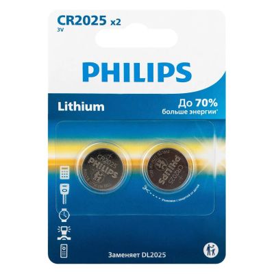 Лот: 24471839. Фото: 1. Батарейки Philips CR2025, 2 шт... Батарейки, аккумуляторы, элементы питания