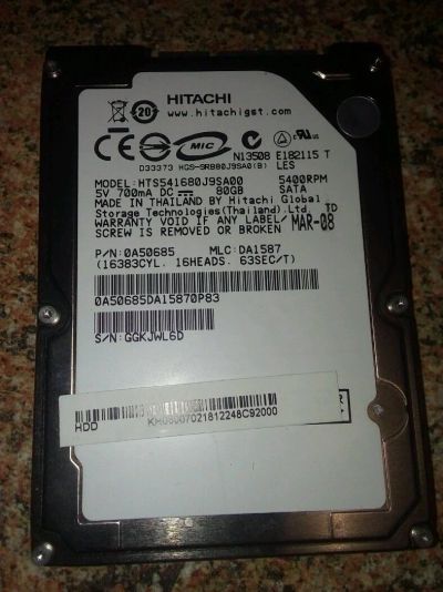 Лот: 12730586. Фото: 1. Жесткий диск sata 2 80gb Hitachi. Жёсткие диски