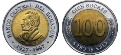 Лот: 5196556. Фото: 1. 100 сукре Эквадор 1997г. Америка