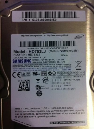 Лот: 5153576. Фото: 1. Жёсткий диск Samsung 750Gb HD753LJ. Жёсткие диски (HDD)