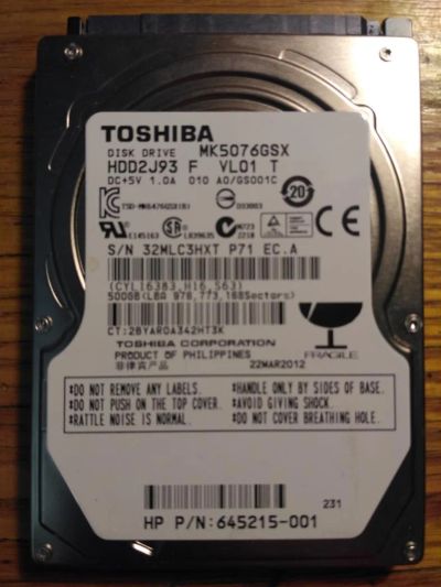 Лот: 9412777. Фото: 1. hdd toshiba MK5076GSX 500Gb. Жёсткие диски (HDD)