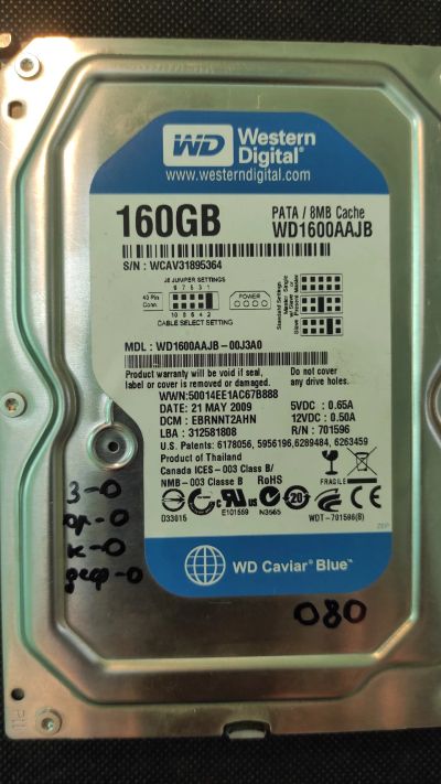 Лот: 21253912. Фото: 1. Жесткий диск WD WD1600AAJB-00J3A0. Жёсткие диски (HDD)