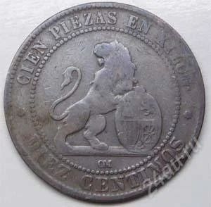 Лот: 904381. Фото: 1. Испания. 10 сантим 1870г. Большая... Европа