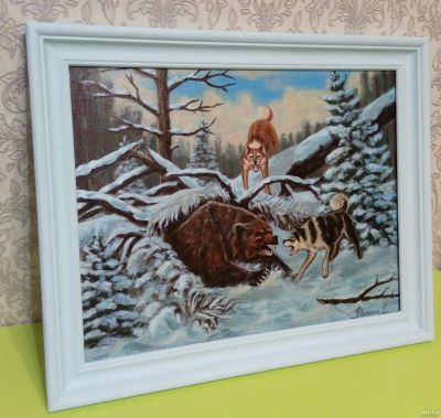 Лот: 15557872. Фото: 1. Картина Охота на медведя "На берлоге... Картины, гравюры
