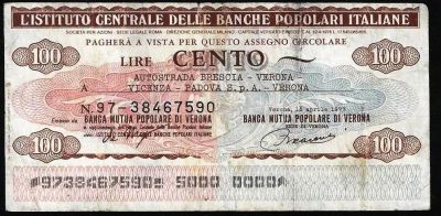 Лот: 10619250. Фото: 1. Италия - чек на 100 лир - 1977. Европа