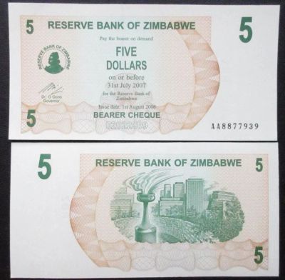 Лот: 6695808. Фото: 1. Зимбабве. 5 долларов 2006 UNC... Африка