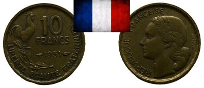 Лот: 19253582. Фото: 1. Франция 10 франков 1951 Четвертая... Европа