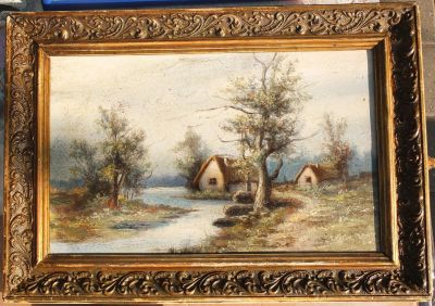 Лот: 16760331. Фото: 1. картина Домики у воды,картон,масло... Картины, гравюры
