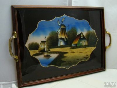 Лот: 11190935. Фото: 1. Поднос старинный с картиной (W505... Предметы интерьера и быта