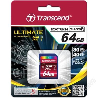 Лот: 2736700. Фото: 1. Карта памяти SD XC 64 GB Transcend... Карты памяти