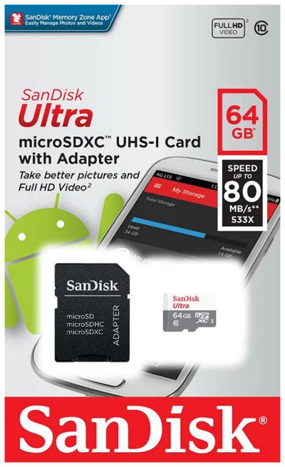 Лот: 13936402. Фото: 1. Карта памяти SanDisk MicroSD 64Gb... Карты памяти