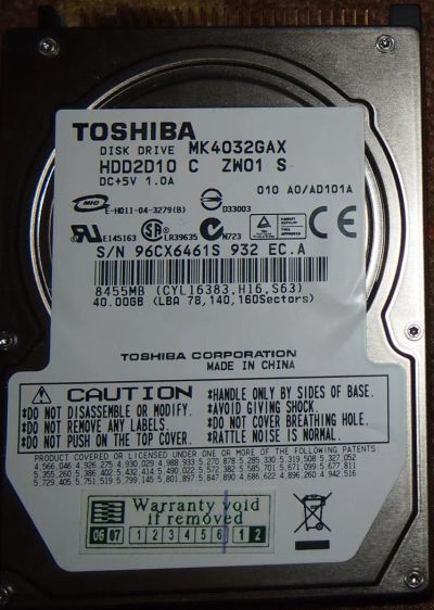 Лот: 5175538. Фото: 1. 40 Гб, 5400 PRM, 2,5 " Toshiba... Жёсткие диски (HDD)