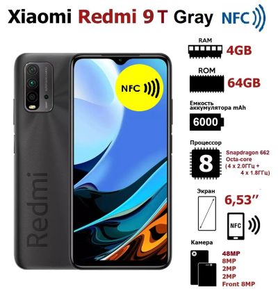 Лот: 17845588. Фото: 1. Новый Xiaomi Redmi 9T 64GB с NFC... Смартфоны