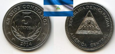 Лот: 19216876. Фото: 1. Никарагуа 5 кордоб 2014 в блеске... Америка