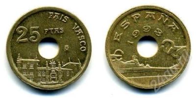 Лот: 679317. Фото: 1. 25 песета 1993 с дырочкой. Европа