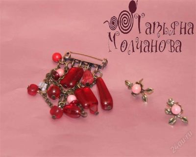 Лот: 818353. Фото: 1. Комплект из броши и серег "Красное... Другое (ювелирные изделия, бижутерия, часы)