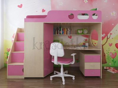 Лот: 10952482. Фото: 1. Кровать-чердак КД-4.3. Цвет: розовый... Детские кровати и кроватки