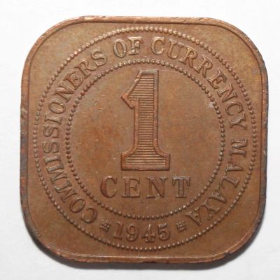 Лот: 25274572. Фото: 1. 1 цент 1945 год. Малайя. Азия