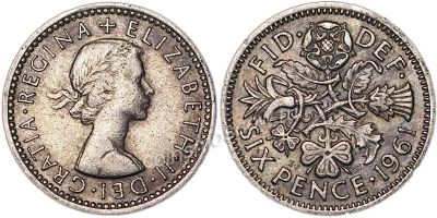 Лот: 5085652. Фото: 1. 6 пенсов Великобритания 1961г. Великобритания и острова