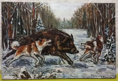 Лот: 24695692. Фото: 1. Картина маслом на холсте " Охота... Картины, рисунки