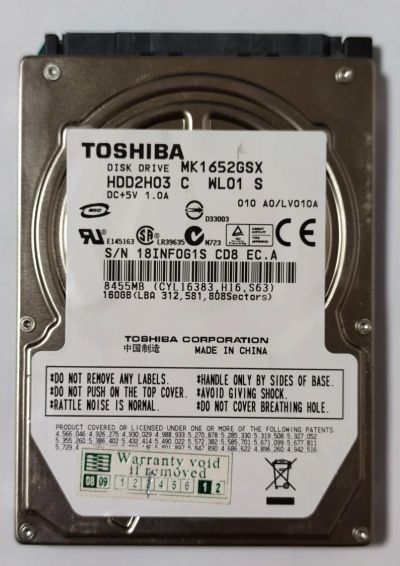 Лот: 18293624. Фото: 1. Жёсткий диск HDD 2.5 Toshiba MK1652GSX... Жёсткие диски