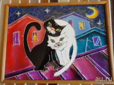 Лот: 8095201. Фото: 1. Картина "Коты на крыше" (витражные... Картины, рисунки