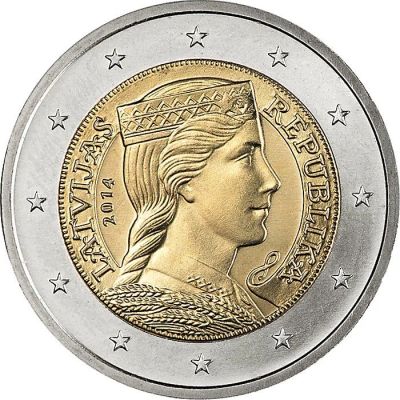 Лот: 9530927. Фото: 1. Латвия 2 евро 2014 UNC. Европа
