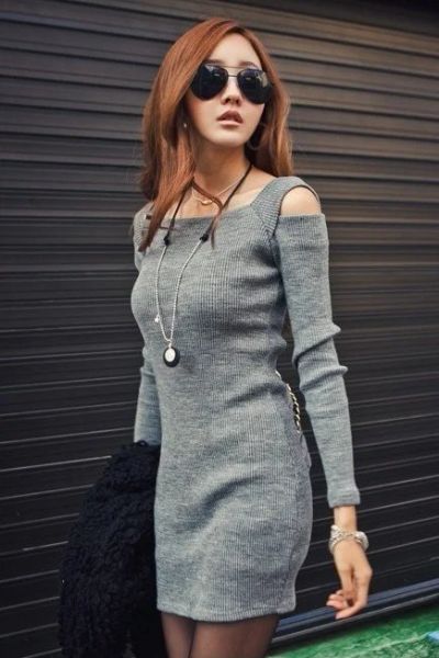 Лот: 3177573. Фото: 1. серое платье с открытыми плечами... Платья