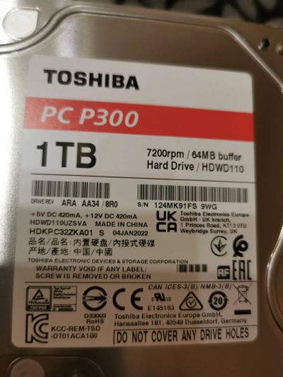 Лот: 24424799. Фото: 1. HDD Toshiba 1Tb, 3,5", sata 7200rpm. Жёсткие диски (HDD)