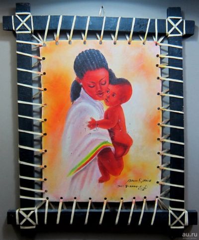 Лот: 17430624. Фото: 1. Картина на коже "Эфиопия. Материнство... Картины, гравюры