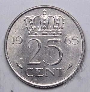 Лот: 1452826. Фото: 1. Нидерланды. 25 цент 1965г. Европа
