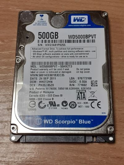 Лот: 24892891. Фото: 1. HDD для ноутбука 500gb (WD WD5000BPVT... Жёсткие диски