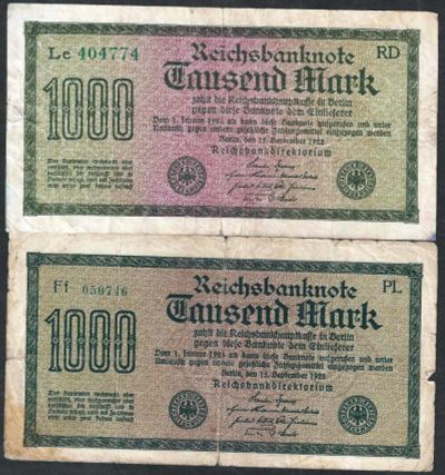 Лот: 8204536. Фото: 1. 1000 марок 1922 г. 2шт разные... Германия и Австрия