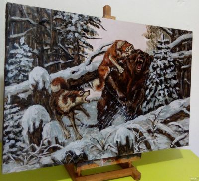Лот: 17555907. Фото: 1. Картина маслом "Охота на медведя... Картины, рисунки