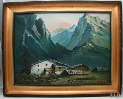 Лот: 18126717. Фото: 1. Картина старинная Дом в горах... Другое (антиквариат)