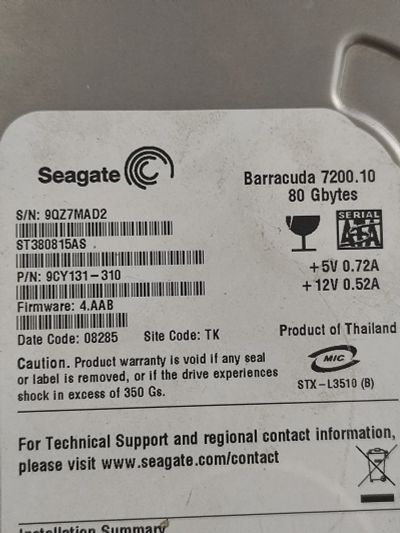 Лот: 20863532. Фото: 1. Жёсткий диск Seagate ST380815AS... Жёсткие диски (HDD)