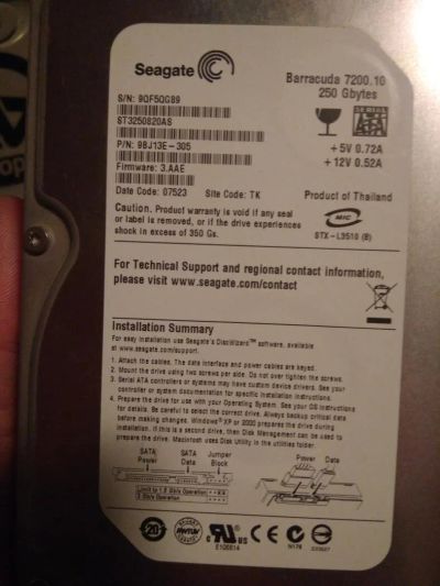 Лот: 10950639. Фото: 1. Seagate 250gb SATA. Жёсткие диски (HDD)
